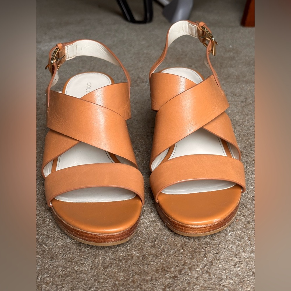 Cole Haan Size 7 Penelope Pecan Leather Slingback Wedge
